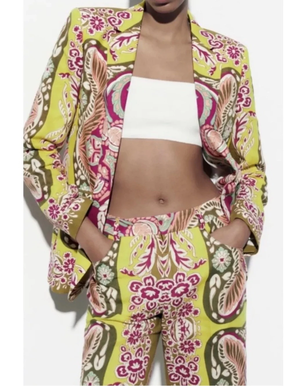 ZARA SET Bright Yellow Army Green Pink Linen Cotton Blend Blazer & Cropped Pants
